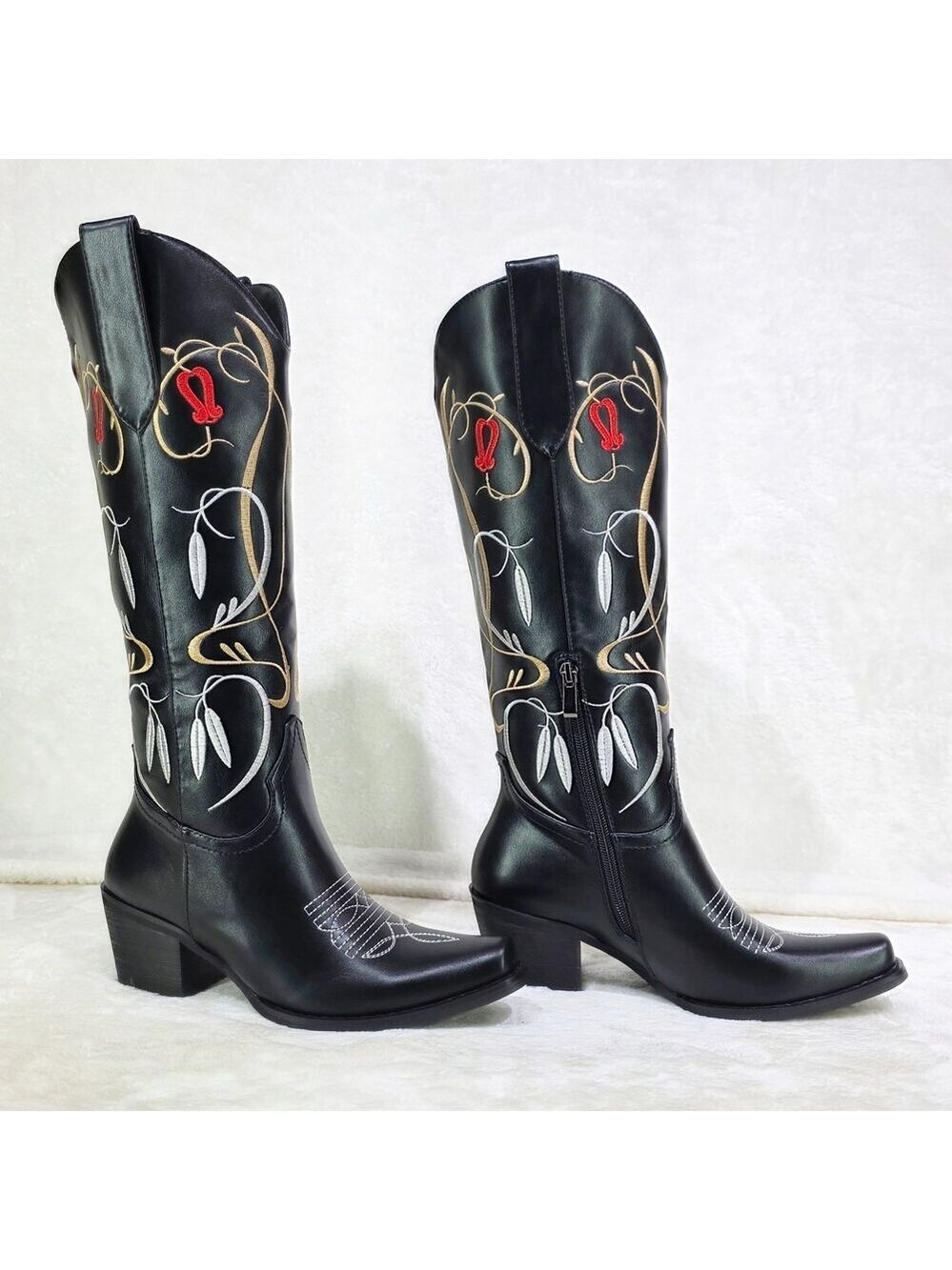 NIB Lily Bell Embroidery Country Western Cowgirl Calf Knee Boots Black - Picture 6 of 13